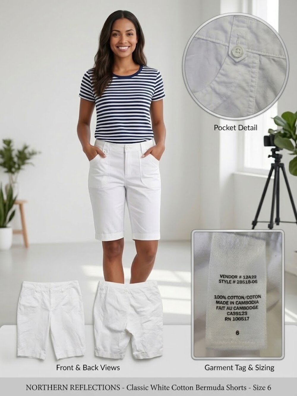 Northern Reflections White Cotton Bermuda Shorts Size 6 Button Pocket Accent